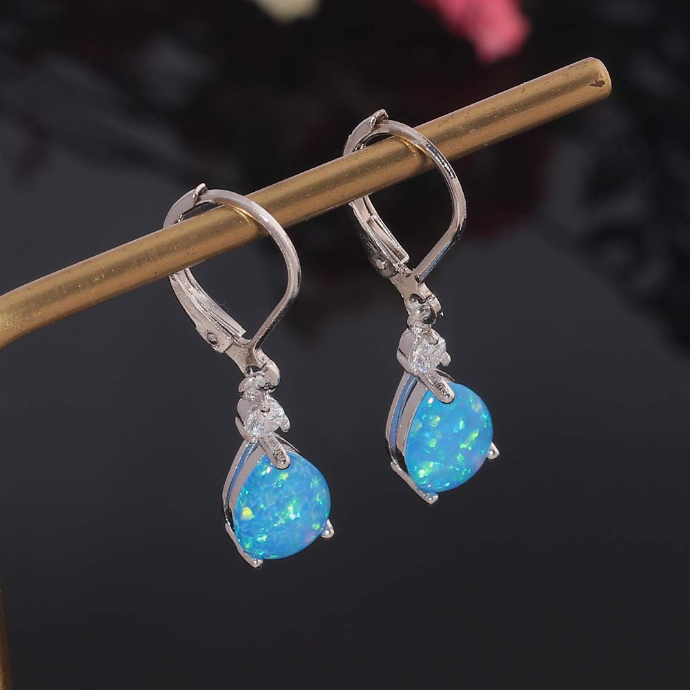 Blue Water Drop Opal Copper Zircon Earrings For Women