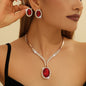 Gold Zinc Alloy Inlaid White Rhinestone Red Crystal Necklace And Earrings Suite
