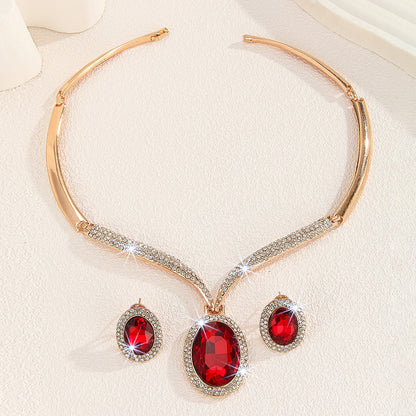 Gold Zinc Alloy Inlaid White Rhinestone Red Crystal Necklace And Earrings Suite