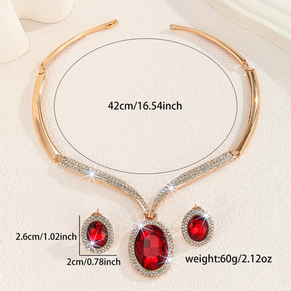Gold Zinc Alloy Inlaid White Rhinestone Red Crystal Necklace And Earrings Suite