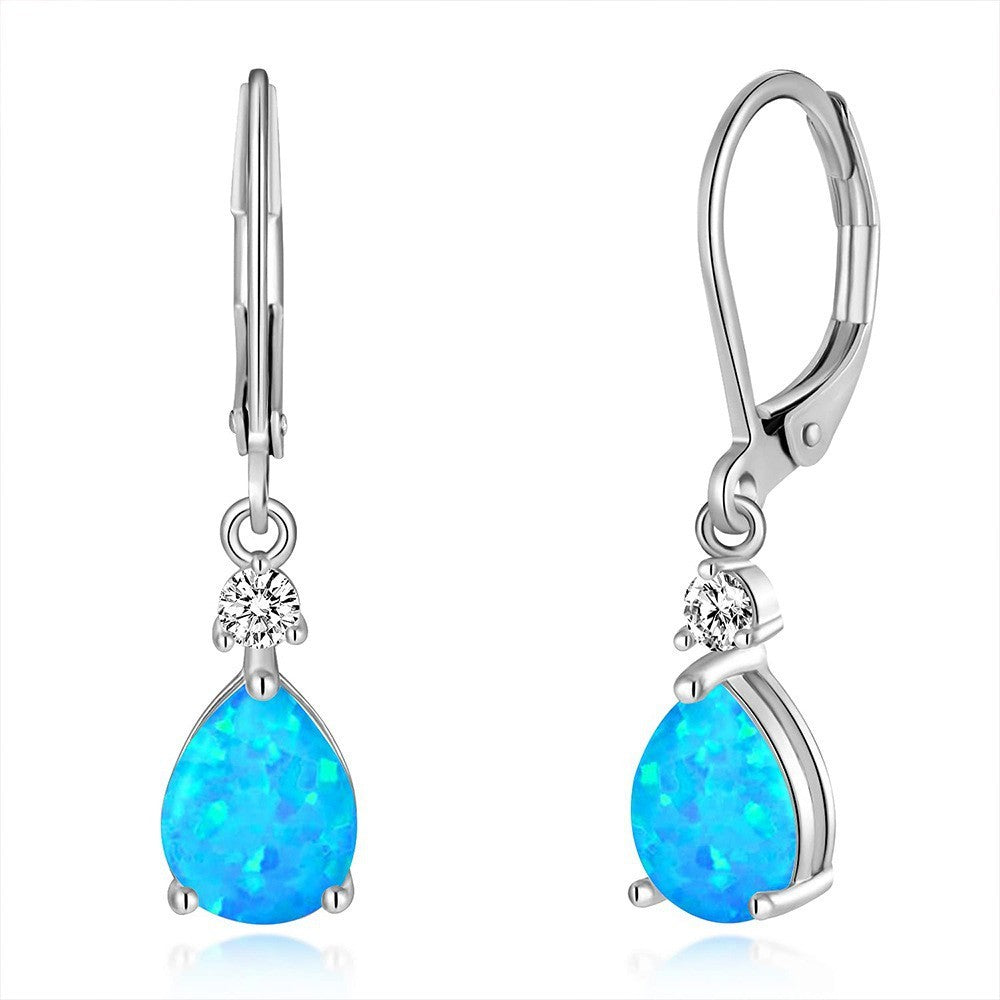 Blue Water Drop Opal Copper Zircon Earrings For Women