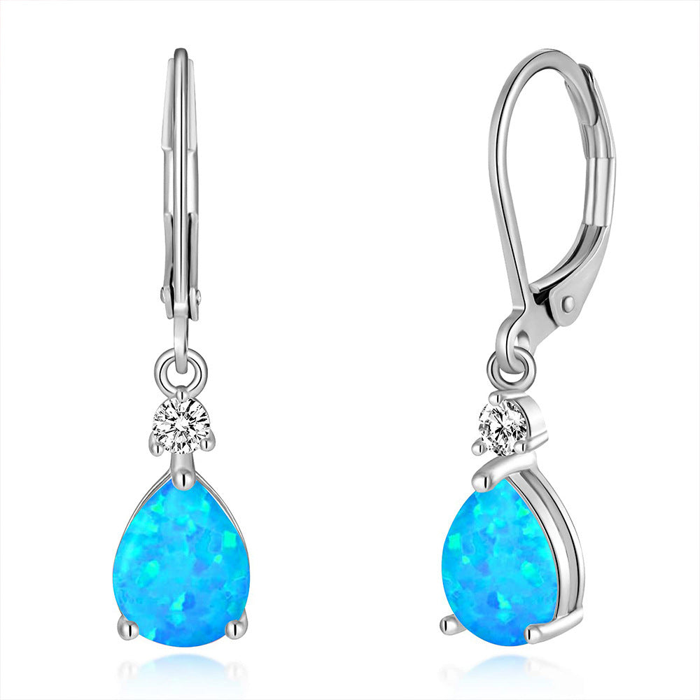 Blue Water Drop Opal Copper Zircon Earrings For Women