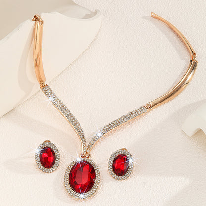 Gold Zinc Alloy Inlaid White Rhinestone Red Crystal Necklace And Earrings Suite