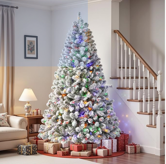 SHareconn 7ft Pre-Lit Flocked Spruce Artificial Hinged Christmas Tree with Remote, Timer and 400 Warm White & Multi-Color Lights, 1062 Branch Tips, Perfect Choice for Xmas Decoration, 7 FT, White