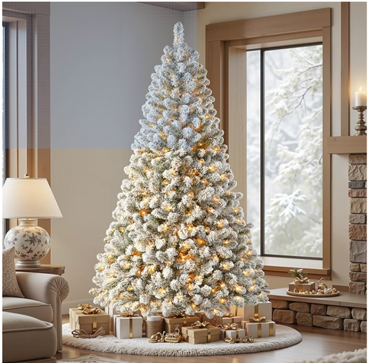 SHareconn 7ft Pre-Lit Flocked Spruce Artificial Hinged Christmas Tree with Remote, Timer and 400 Warm White & Multi-Color Lights, 1062 Branch Tips, Perfect Choice for Xmas Decoration, 7 FT, White