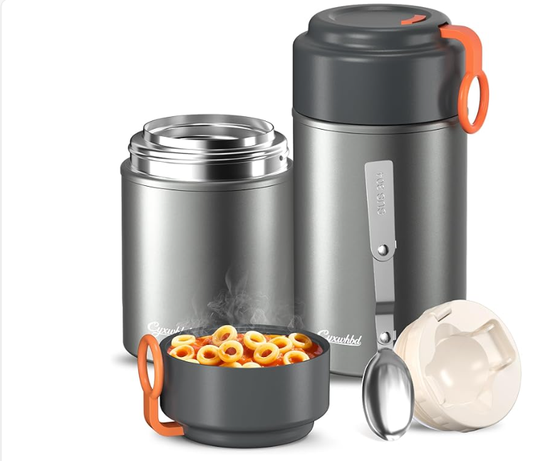 2-Pack Thermo for Hot Food (17oz & 27oz) - 10H Hot & Cold, Leakproof, Dishwasher Safe Insulated Food Container, Soup Thermo for Adults - with Spoons & Bags for Office, Travel(Grey)