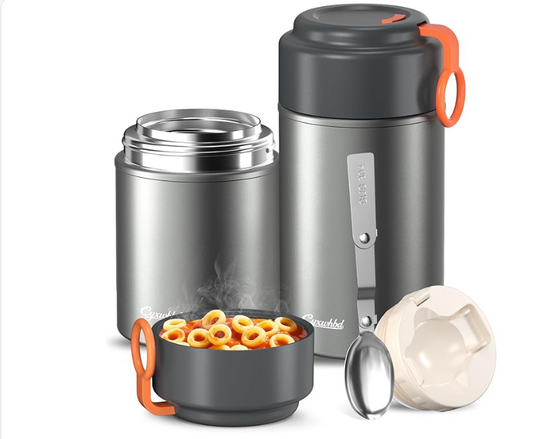 2-Pack Thermo for Hot Food (17oz & 27oz) - 10H Hot & Cold, Leakproof, Dishwasher Safe Insulated Food Container, Soup Thermo for Adults - with Spoons & Bags for Office, Travel(Grey)