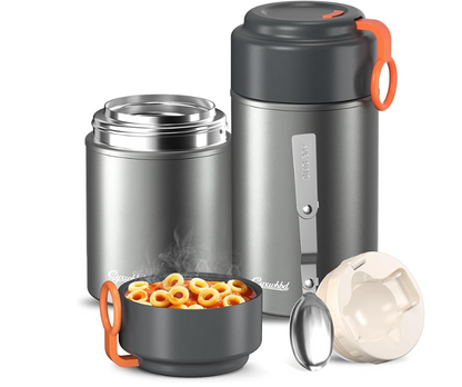 2-Pack Thermo for Hot Food (17oz & 27oz) - 10H Hot & Cold, Leakproof, Dishwasher Safe Insulated Food Container, Soup Thermo for Adults - with Spoons & Bags for Office, Travel(Grey)